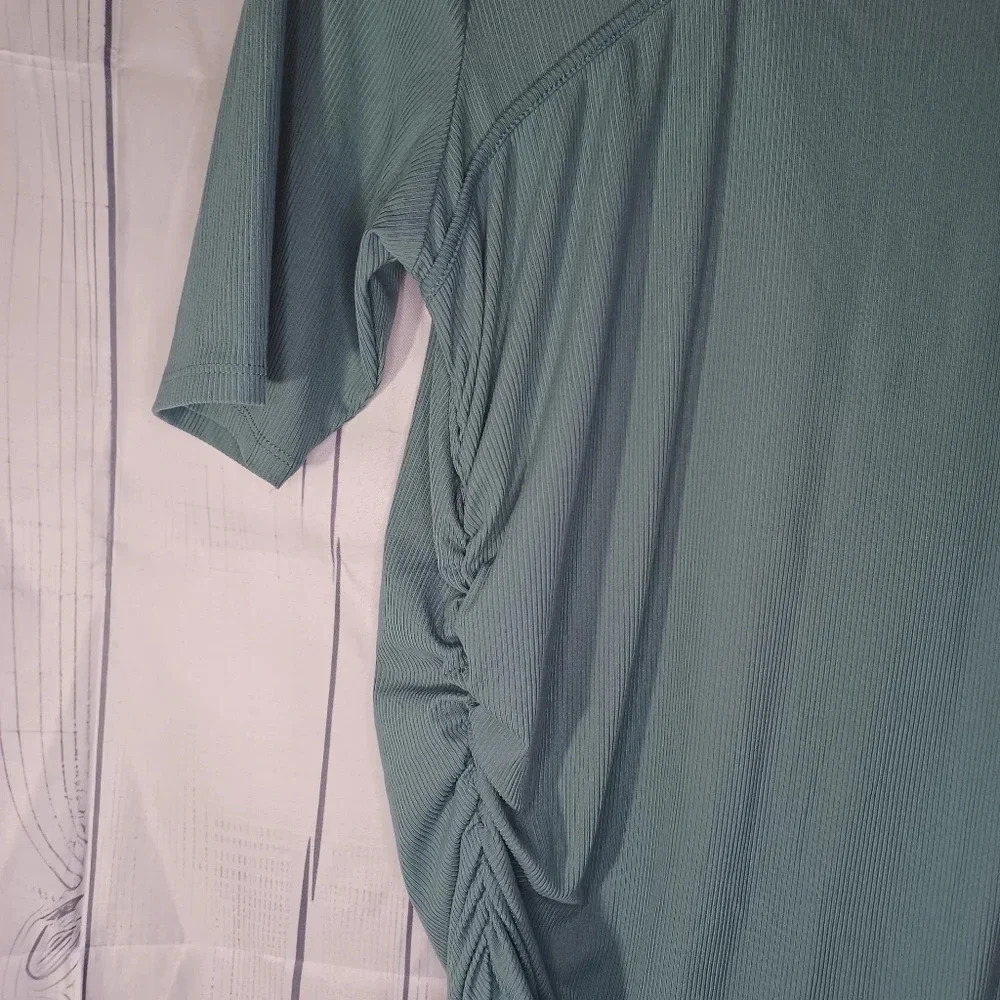 Nine West ribbed asymmetrical neckline ruched front casual top - Picture 2 of 6